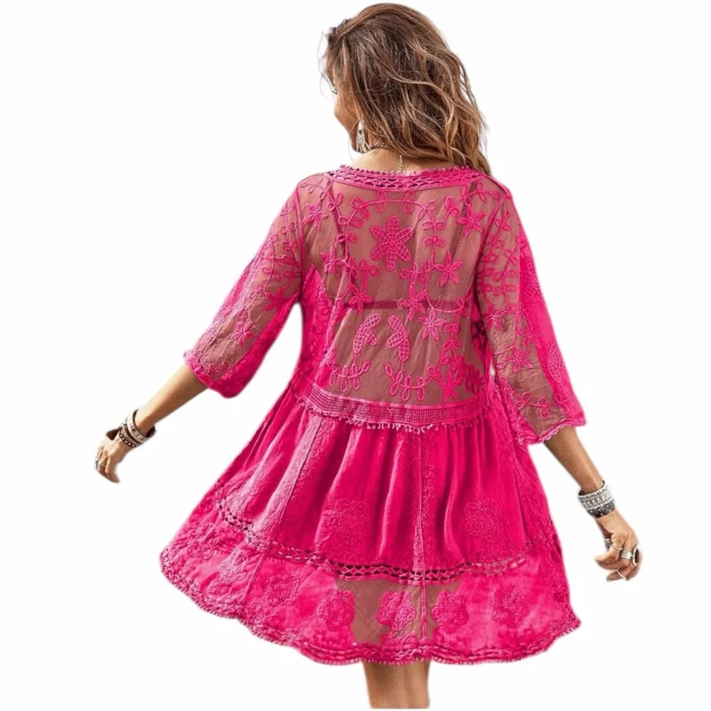 Women’s Sheer Lace V-Neck Swim Coverup Hot Pink Vacation Cruise One Size - Picture 8 of 9
